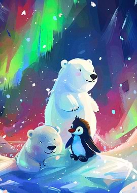 Polar Bears and Penguin Under Aurora
