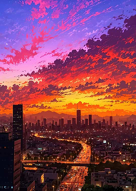 Cityscape at Sunset Anime Style