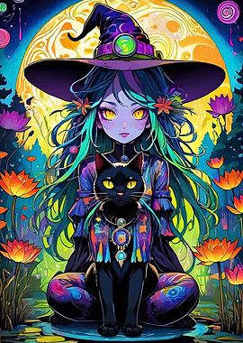 Whimsical Witch with Black Cat