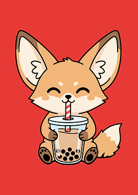 Cute Fox Drinking Bubble Tea Cartoon