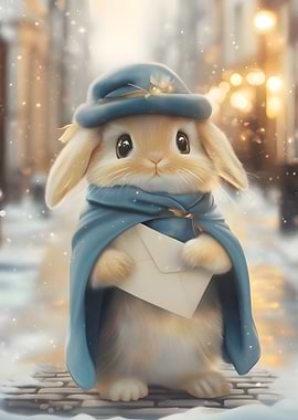 Cute Bunny Postman in Christmas Winter Scene