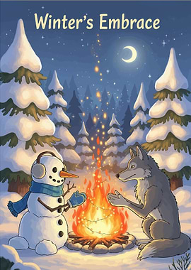 Winter's Embrace: Snowman and Wolf by Fire