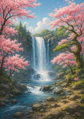 Waterfall and Cherry Blossoms Landscape