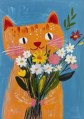 Orange Cat with Flowers Painting