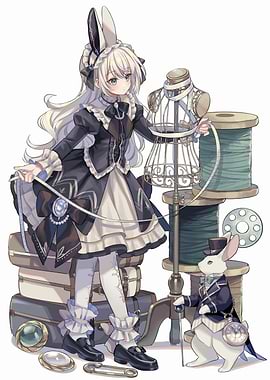 Anime Girl with Bunny Ears and Sewing