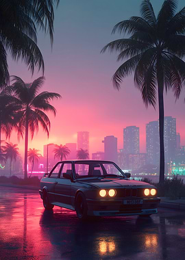 Retro Car on Neon Lit Street