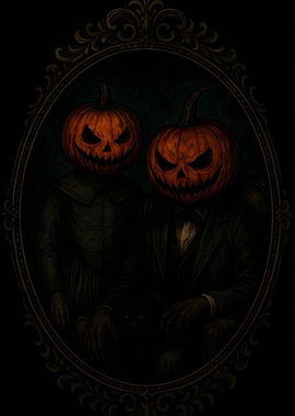Pumpkin-Headed Figures in Ornate Frame