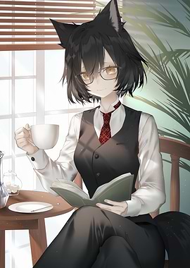 Anime Wolf Girl Reading and Drinking