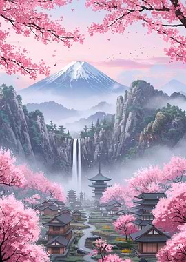 Japanese Landscape with Cherry Blossoms