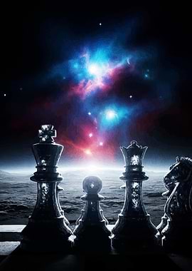 Chess pieces against cosmic