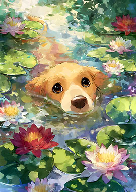 Labrador Dog in Water Lilies Pond
