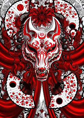 Red and White Kitsune Mask Art