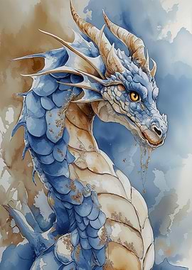 Watercolor Blue Dragon Portrait