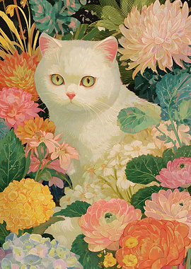 White Cat in Floral Garden Painting