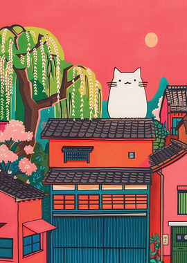 Cat on Japanese Rooftop Cute Woodblock Poster