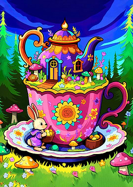 Whimsical Teacup House with Bunny