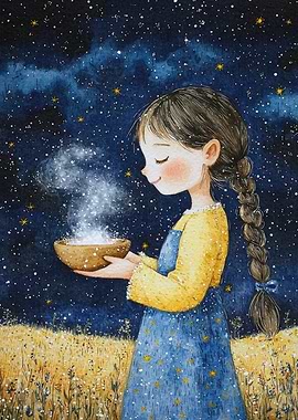 Girl with Bowl Under Starry Sky