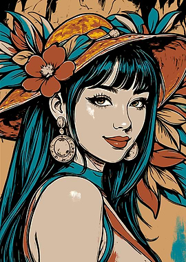 Woman with Hat and Floral Accents