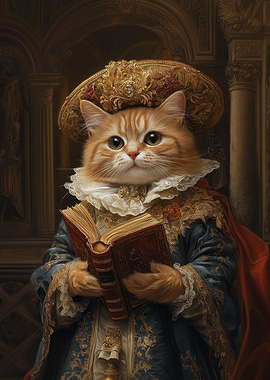 Renaissance Cat Portrait with Book | Ginger cat portrait