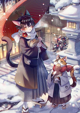 Anime Cat Boy and Cat in Winter