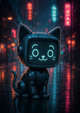 Cute Cyberpunk Robotic Cat in Rainy Cityscape
