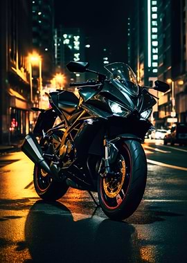 Motorcycle on City Street at Night
