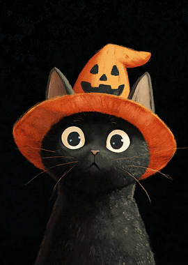 Black Cat with Pumpkin Hat