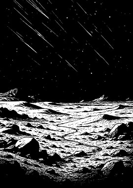 Monochrome Lunar Landscape with Meteor Shower