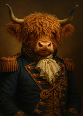 Highland Cow Portrait in Military Uniform