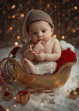 Baby in Sleigh with Candy Cane