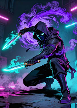 Cyberpunk Ninja with Glowing Swords