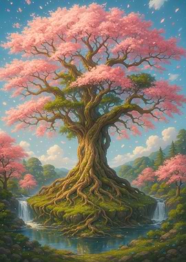 Cherry Blossom Tree Island Waterfall Landscape