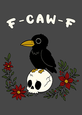 Fcawf Cartoon Crow on Skull with Flowers