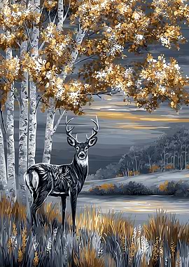 Deer in Autumn Landscape Painting