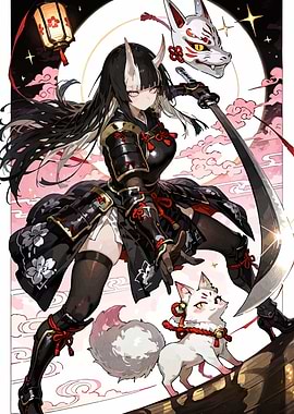 Anime Girl with Fox Mask and Sword