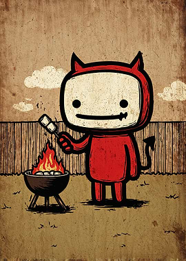 Cartoon Devil Roasting Marshmallows