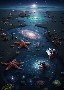 Crabs studying galaxies on a beach