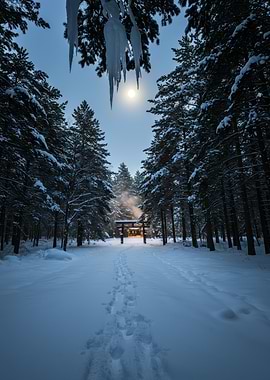 Winter Forest Path to Torii Gate
