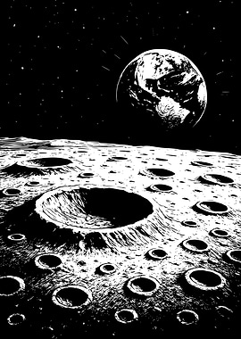 Monochrome Moonscape with Earth View