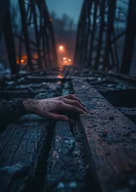 Hand on a bridge in the fog