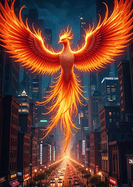 Phoenix Rising Over Cityscape