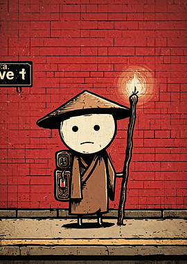 Cartoon Monk with Staff on Street