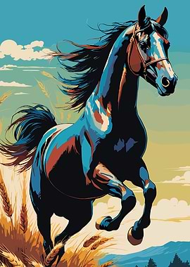 Running Horse in Field Illustration