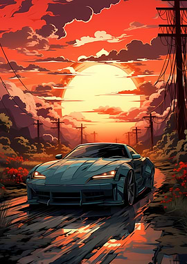 Car on Road at Sunset