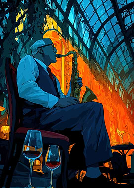 Jazz Saxophonist with Wine Glasses