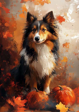 Dog with Pumpkins Autumn Painting | Fall Shetland Sheepdog Portrait