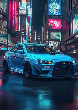 Blue Mitsubishi Lancer in Neon City