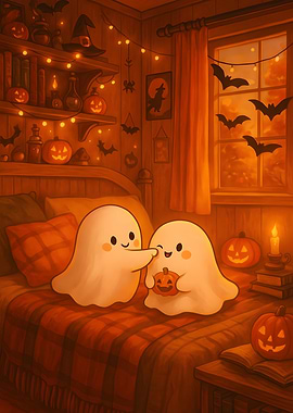 Cute Halloween Ghosts in Cozy Room