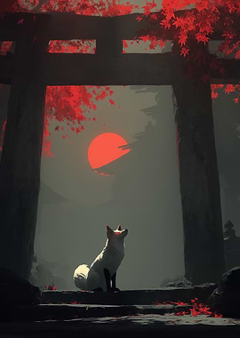 Fox under Torii Gate at Sunset