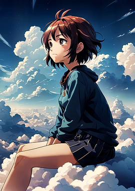 Anime Girl Sitting on Clouds